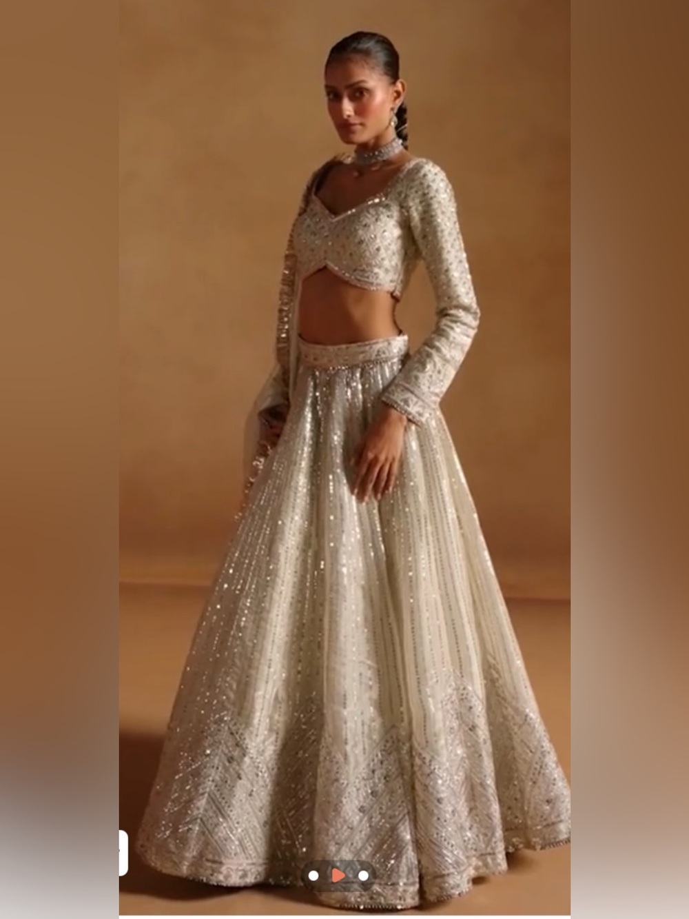 Wedding bridal 3 piece ivory handmade embroidered Lehenga Crop Top Dupetta Large